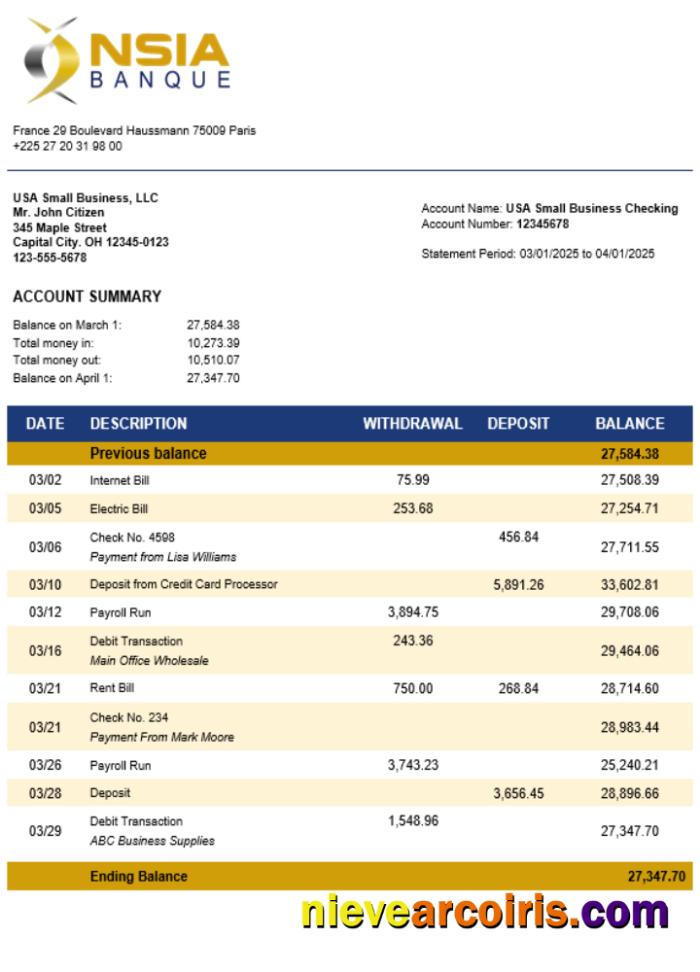 NSIA Banque business bank statement